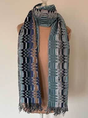 Missoni Wool ZigZag Patterned Blue Multi Fringe Edge Wrap Scarf NWOT 72.5”x16”